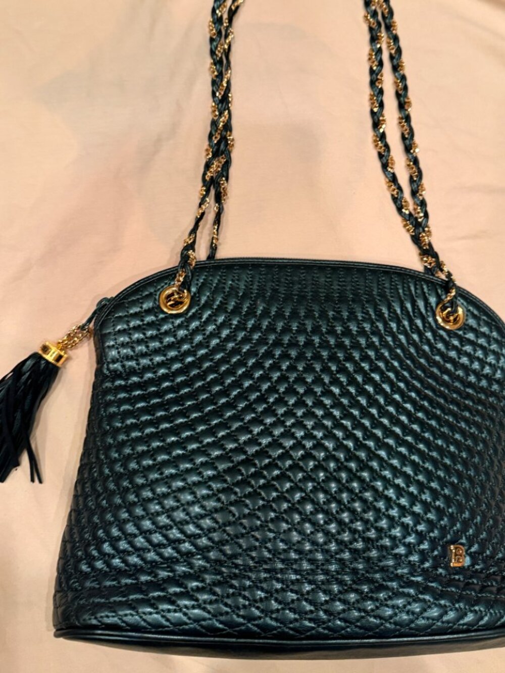 Vintage Bally Dark Green Quilted Leather Shoulder Bag with Chain Strap & Tassel